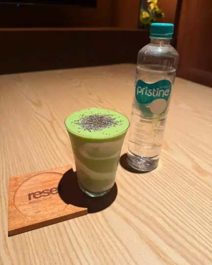Iced matcha on a Reset coaster